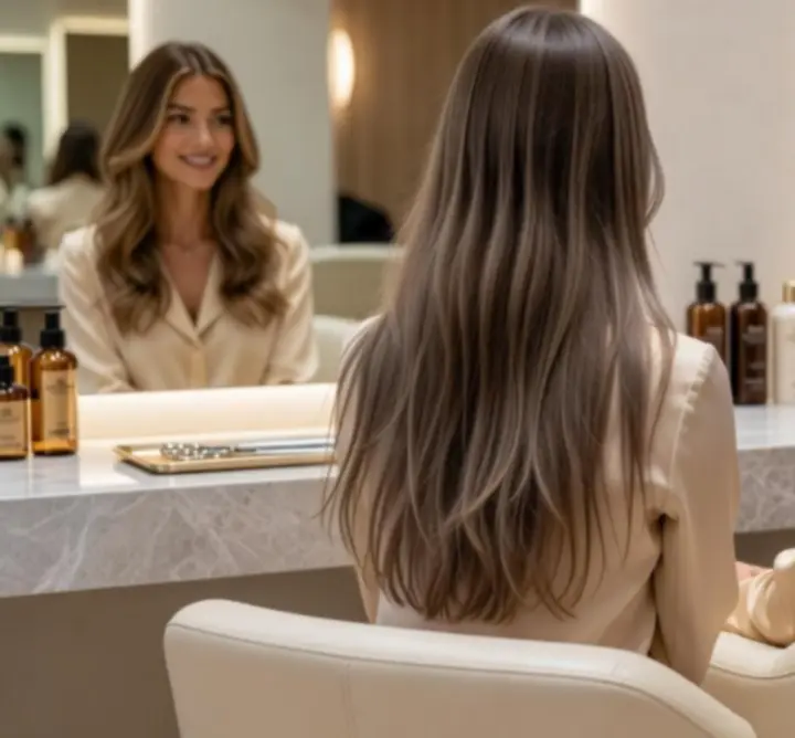 Before and after hair transformation demonstrating a polished new look