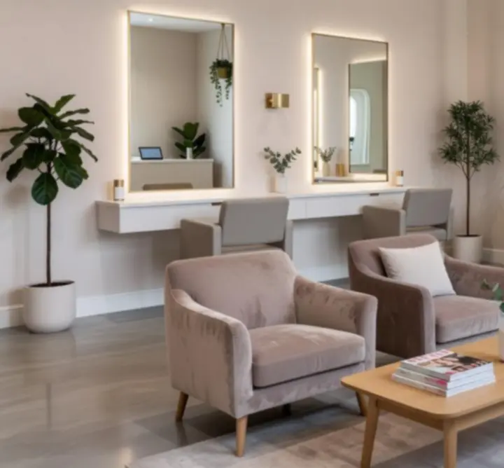 Modern, softly lit salon interior at CIKARTS LTD with neutral tones and luxurious seating