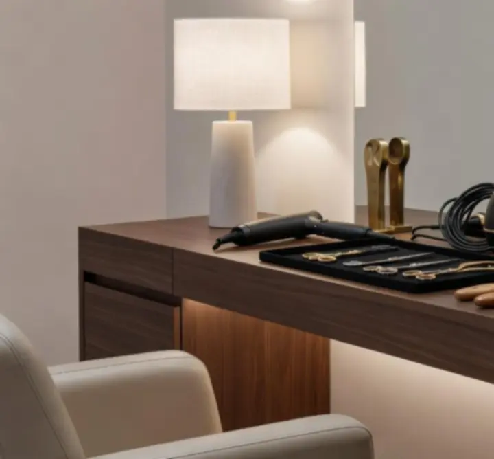 Detail of the modern, chic salon workspace at CIKARTS LTD